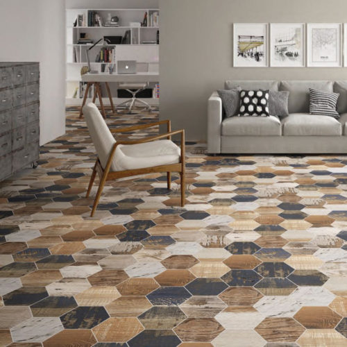 suelo de salón con azulejo hexagonal madera Gauguin