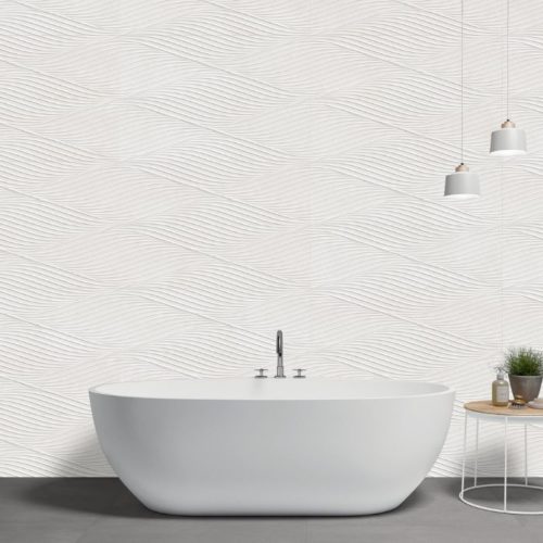 Azulejos baños blancos decorativos Salines Waves White 33.3×100 Rec